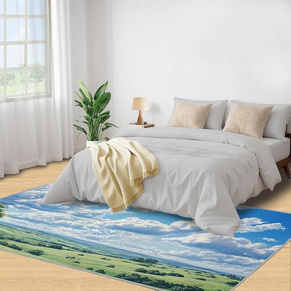 Sky and Clouds 3x5 Area Rugs for Living Room -Grassland and Pasture Washable Rug Rural Landscape Non-Slip Carpet Indoor Floor Stain Resistant Thin Carpets for Bedroom Dining Room Home Office
