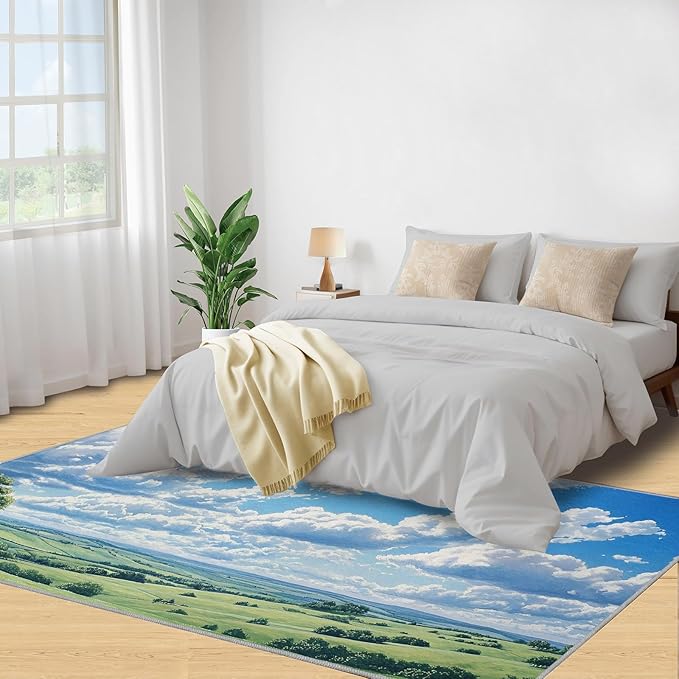 Sky and Clouds 5x6 Area Rugs for Living Room -Grassland and Pasture Washable Rug Rural Landscape Non-Slip Carpet Indoor Floor Stain Resistant Thin Carpets for Bedroom Dining Room Home Office