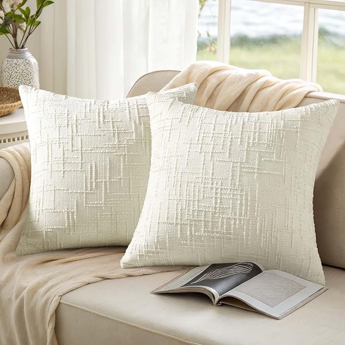 decorUhome Christmas Cream White Chenille Throw Pillow Covers 22x22 Set of 2 Thick Textured Slubby Couch Pillow Covers Farmhouse Accent Modern Neutral Decorative Pillow Cases for Bed Sofa Living Room