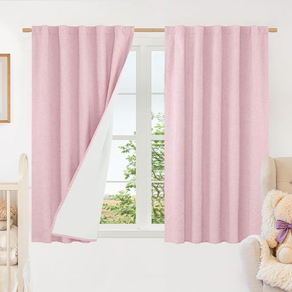 LAMIT Linen 100% Blackout Window Curtains for Bedroom, 45 Inches Linen Textured Thermal Farmhouse Curtains Back Tab and Rod Pocket Window Panels with White Liner, 2 Panels, 38 x 45 Inch, Pink