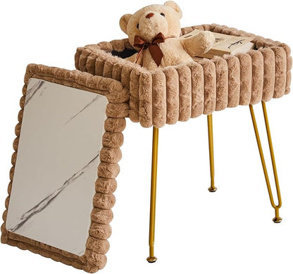 IBUYKE Rectangle Vanity Chair with Storage Space, Footrest Footstool Ottoman, Vanity Stool, Dressing Table Chair, with Anti-Slip Feet, for Makeup Room, Bedroom, Square Grid Pattern, Khaki WBD004K