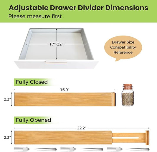 Drawer Divider, Adjustable Bamboo Kitchen Drawer Organizer, Spring Loaded Drawer Organizer, Dresser Separators for Kitchen, Bathroom, Clothes, Office Desk Storage (Natural, 8 Pack Large)