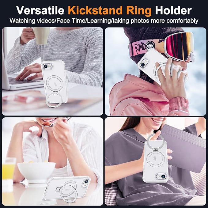 Compatible with iPhone 16E Case with Invisible Magnetic O-Ring Stand Military-Grade Phone Case for iPhone 16E 6.1" 2025 [Compatible with Mag-Safe][Great Grip Feeling],Translucent
