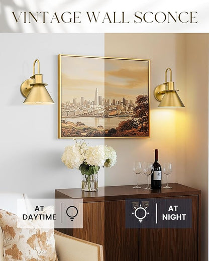 Gold Wall Sconces, HWH Indoor Wall Lights, Vintage Barn Wall Lamp, Brass Wall Sconce Light for Bedroom Living Room Kitchen, Gold Finish, 5HZG56B BG