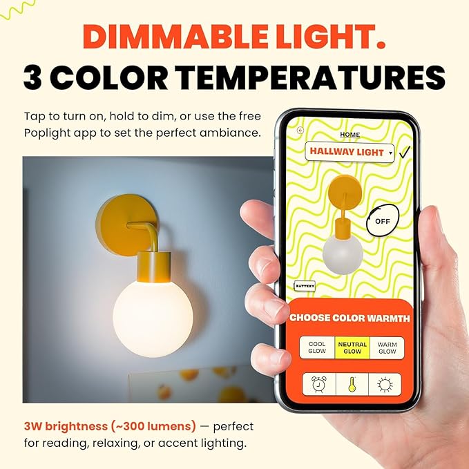 Wireless Wall Sconce (Shark Tank) Rechargeable & Dimmable LED Light w/App Control & Damage-Free Install, Moveable Modern Ambient Lighting for Elegant Home & Bedroom Decor | Marigold