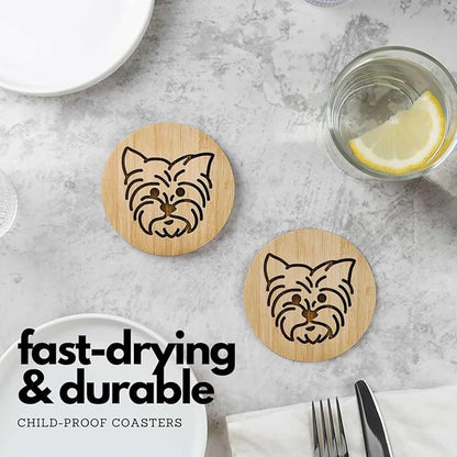 Set of 6 Bamboo Laser-Engraved Fun Dog Coasters with Iron Holder - Gift Packaging 3.9 Inch Non-Stick Absorbent Durable and Unbreakable Wooden Cup Coasters for Dog Lovers (Yorkie)