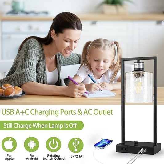 16" Set of 2 Industrial Table Lamps with USB A+C Charging Ports and AC Outlet, Fully Stepless Dimmable Bedside Lamps with Seeded Glass Shade for Bedroom Living Room Office, LED Bulbs Included