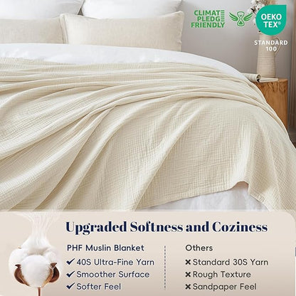 PHF 100% Cotton Muslin Blanket Queen Size 90"x90", 4-Layer Lightweight Gauze Throw, Breathable Cloud-Soft Minimalist Blanket for Bed, Couch, Camping & Baby, Birch, Ideal Gift