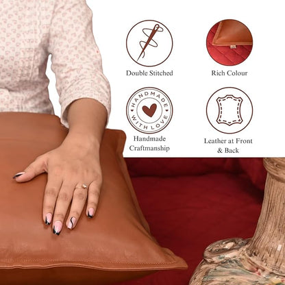 Lambskin Leather Pillow Cover - Sofa Cushion Case - Decorative Throw Covers for Living Room & Bedroom, 20x20 Inches - Camel Antique Box Pack of 2
