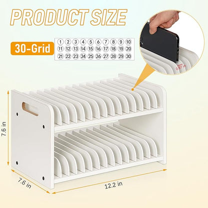 Cell Phone Storage Classroom Cell Phone Holder Adjustable Wooden Multiple Rack Caddy Organizer Box for Classroom Office Desktop with 1-30 Number Stickers (30-Grid) (White)