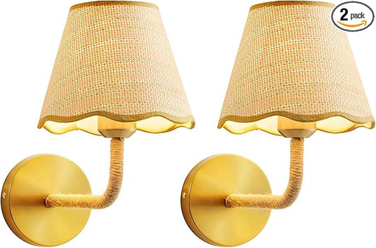 Boho Set of Two Hand Woven Ratten Wall Sconce, Hardwired Wall Sconces with Grass-Woven Lampshade for Bedroom Living Room Hallway Porch, E26 Base
