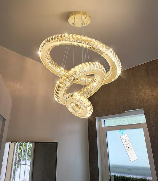 3 Rings LED Chandelier Modern Dimmable Dining Room Chanderliers Entryway Crystal Pendant Lights for Kitchen Bedroom Living Room Gold Light