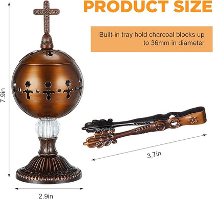 Zonon Catholic Incense Burner with Tong Charcoal Polished Metal Brass Censer Holder Christian Church Censer Burner Holder Cones Cross 7. 9 Aromatherapy Fragrance Ornament (Red Copper)
