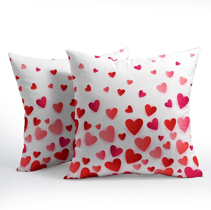 Valentines Day Pillow Covers 16x16 Set of 2 Red Pink Heart Throw Pillow Covers Love Pillowcase Linen Decoration Farmhouse Holiday Cozy Soft Cushion Case Couch for Indoor Outdoor Home Decor