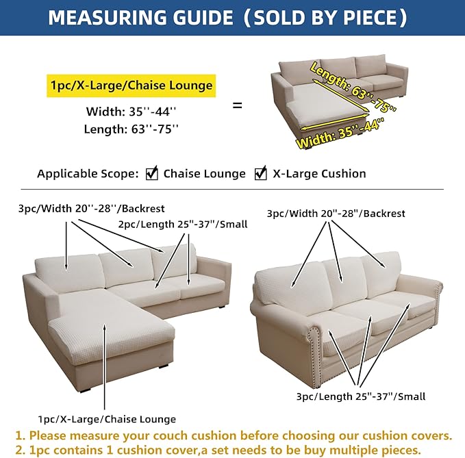 Eismodra Sectional Couch Covers Chaise Cushion Cover for Sofa L Shape Chaise Lounge Magic Stretch 3 Cushion Couch Slipcover for Dogs L Shaped Replacement Protector,Cream White X-Large(Only 1 Piece)