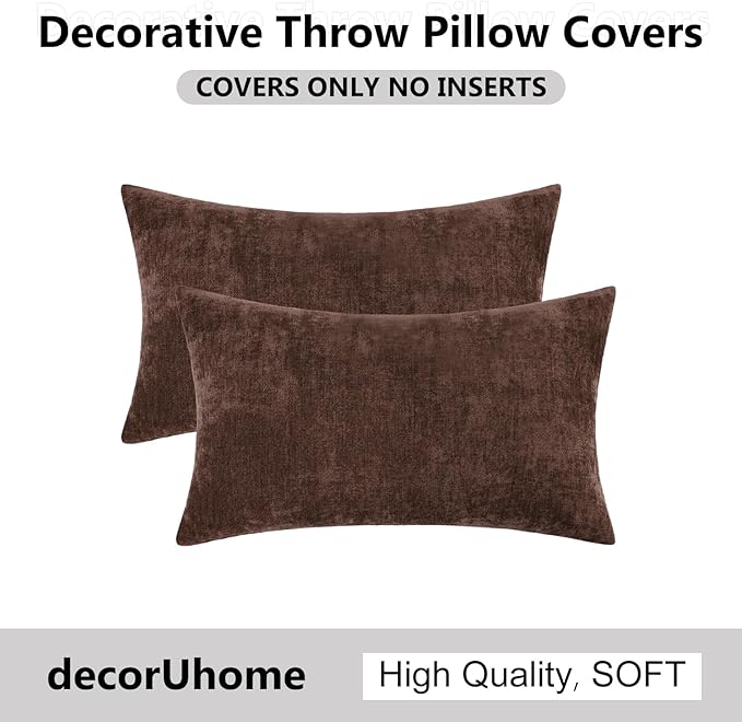 decorUhome Chenille Brown Throw Pillow Covers 12x20 Inch Set of 2, Decorative Soft Couch Pillow Covers Solid Dyed Accent Velvet Farmhouse Neutral Rectangle Pillow Cases for Sofa Bed Living Room