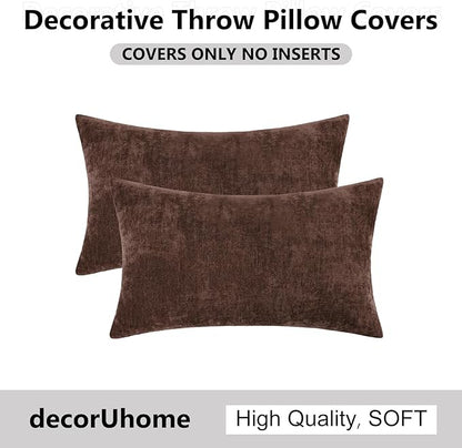 decorUhome Chenille Brown Throw Pillow Covers 12x20 Inch Set of 2, Decorative Soft Couch Pillow Covers Solid Dyed Accent Velvet Farmhouse Neutral Rectangle Pillow Cases for Sofa Bed Living Room