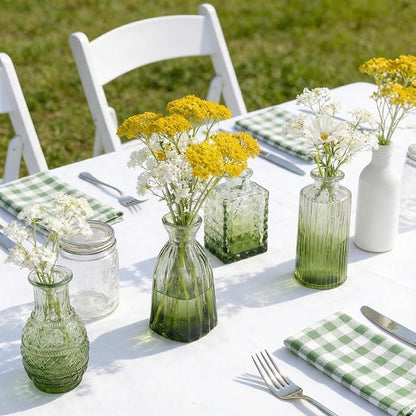 Vintage Olive Green Glass Bud Vases Set of 12, Assorted Decorative Mini Flower Vase Bulk for Centerpieces, Wedding, Home Decor Small Vases for Flowers, Table Decor, Party & Event, Baby Shower