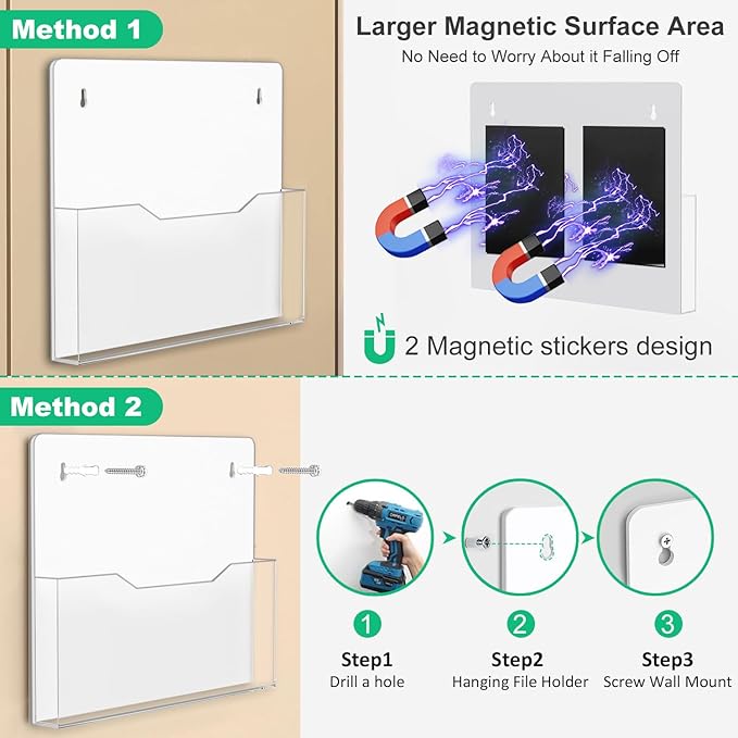 ZHIDIAN Magnetic Wall File Organizer - Clear Acrylic Hanging File Holder, Wall Mount Folder Mail Document Magazine Holder for Office, Fridge, Whiteboard, 2Pack