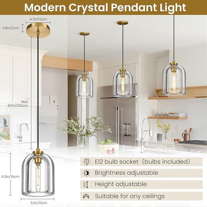 Crystal Pendant Light Kitchen Island: 5.1" Dimmable Vintage Brass Hanging Lights above Dining Table - Modern K9 Crystals Lighting - Luxury Gold Cylinder Pendants Light Fixtures 3000K E12 Bulb Included