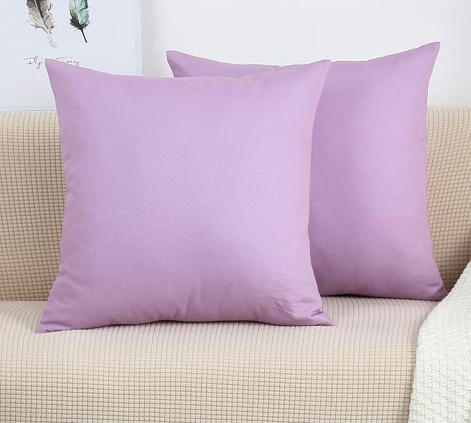 TangDepot Handmade Decorative Solid 100% Cotton Canvas Throw Pillow Covers/Cushion Covers, 45 Colors Available - (18"x18" 2 Pieces, Light Purple Lavende), 2 Count (Pack of 1)