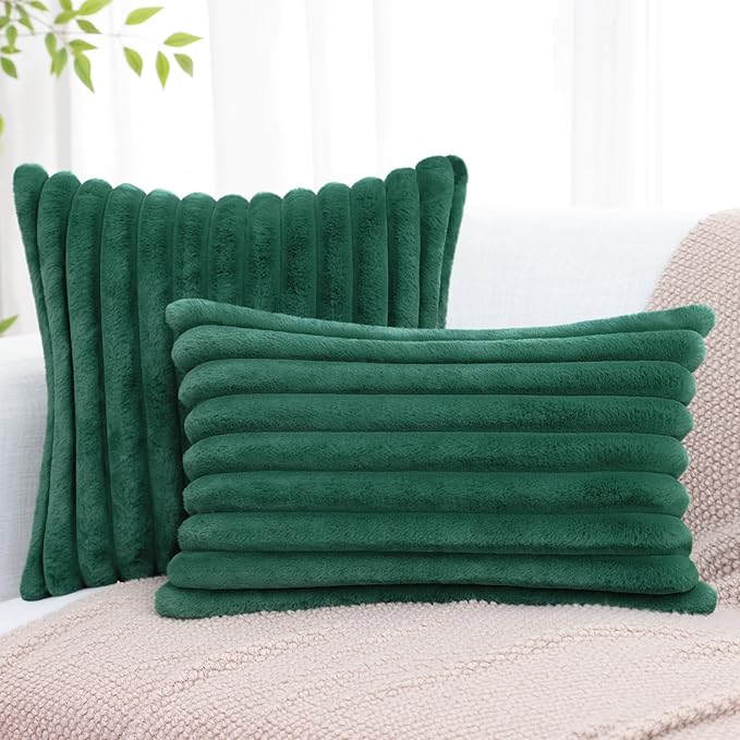 decorUhome Faux Fur Spring Throw Pillow Covers 26x26 Set of 2, Decorative Soft Plush Striped Neutral Couch Euro Sham Pillow Covers with Velvet Back for Sofa, Bed, Living Room Home, Christmas Green