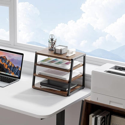 Fenge Desk Shelf Organizer, 4 Tier Desktop Shelf, Wood and Metal Office Shelves, Corner File Organizer for Office Supplies, Top of Desk Organizers and Accessories