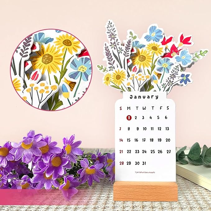 2026 Small Desk Calendar Bloomy Flower Calendar Stand up Desk Calendar Office Calendar Christamas Gifts New Year Gifts (Wild Flowers)