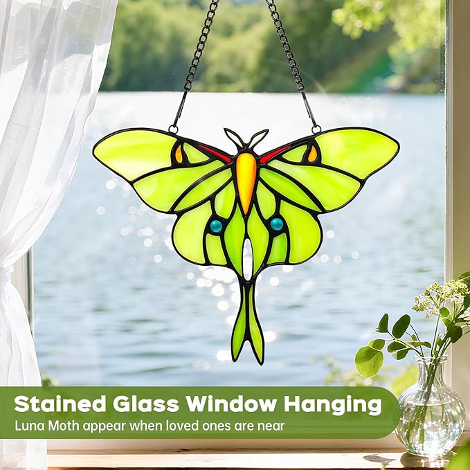 Luna Moth Sun Catcher Stained Glass Window Hanging IDEA SHOW 7.3Inch Handmade Real Glass Suncatcher Ornaments, Elegant Green Butterfly Memorial Gifts for Women, Mom, Grandma