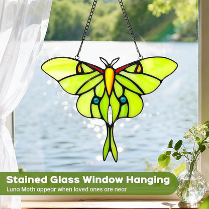 Luna Moth Sun Catcher Stained Glass Window Hanging IDEA SHOW 7.3Inch Handmade Real Glass Suncatcher Ornaments, Elegant Green Butterfly Memorial Gifts for Women, Mom, Grandma