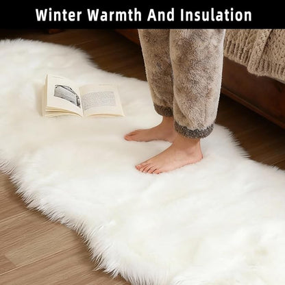 White Faux Fur Sheepskin Area Rug for Living Room Bedroom, 2 x 4 Feet Ultra Soft Shaggy Fuzzy Furry Carpet Chair Throw Rugs for Kids, Girls, Nursery Room Decor Dorms-Special Shape