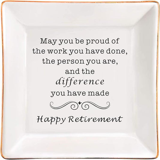 SUNBMO Retirement Gifts for Women, Retirement Appreciation Gift for Mom Boss Co-workers, Teachers, Nurse, Friends, Wife, Sister, Happy Retirement Ceramic Jewelry Trinket Dish