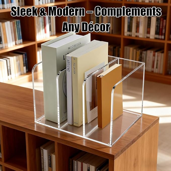1 Pcs 3-Section Acrylic Magazine File Holder, Desk Organizer Book Rack with 3 Vertical Compartments, Magazine Holders for Book Envelope, Desk Organizer for Home Office