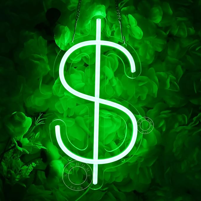 SYLHOME Dollar $ LED Neon Light Sign Money Home Bedroom Game Room Business Pub Store Bar Shop Office Wall Decor Sign Birthday Decor 5V USB Green 11.81" X 6.3"
