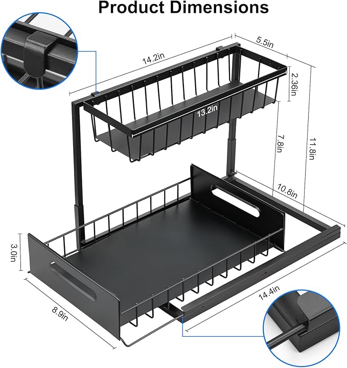 Under Sink Organizer Pull Out Kitchen Sink Organizer, 2 Tier L-Shape Bathroom Organizers and Storage with Sliding Drawer for Kitchen Bathroom Pantry (Black, 1 Pack)