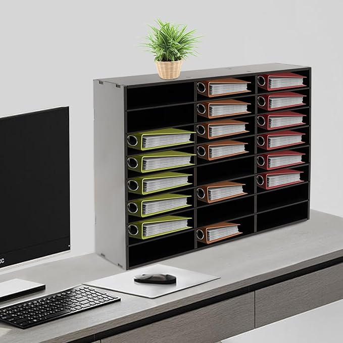 Literature Organizers, 24 Compartments Office Mailbox with Adjustable Shelves, PVC Mail File Sorter Cubbies, Countertop File Organizers for Classroom, Office, Home, Documents (Black)