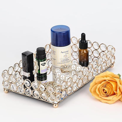 Elegant Gold Crystal Mirror Perfume Tray for Vanity, Coffee Table, and Home Decor - Small Glass Tray for Jewelry, Perfume, and Decorative Items - Bandeja para Perfumes, Perfume Trays for Dresser