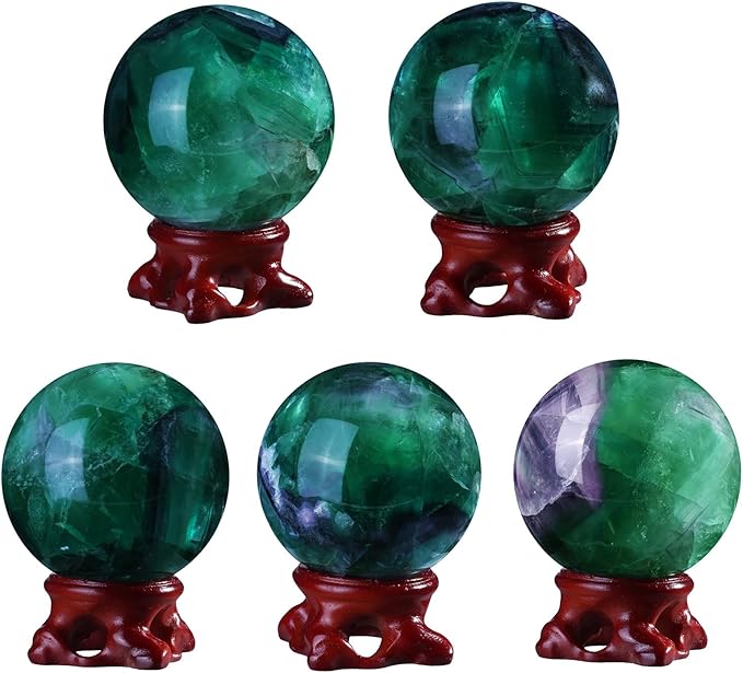 Nupuyai Natural Green Flourite Crystal Ball with Resin Stand, Healing Crystal Sphere for Home Decor 2.01"-2.36"(51mm-60mm)