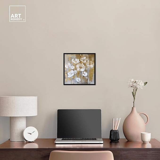 Art Remedy Golden Daisies Canvas Elegant White Gold Wall Art, Black Frame, 12" x 12"