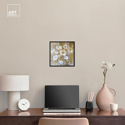Art Remedy Golden Daisies Canvas Elegant White Gold Wall Art, Black Frame, 12" x 12"