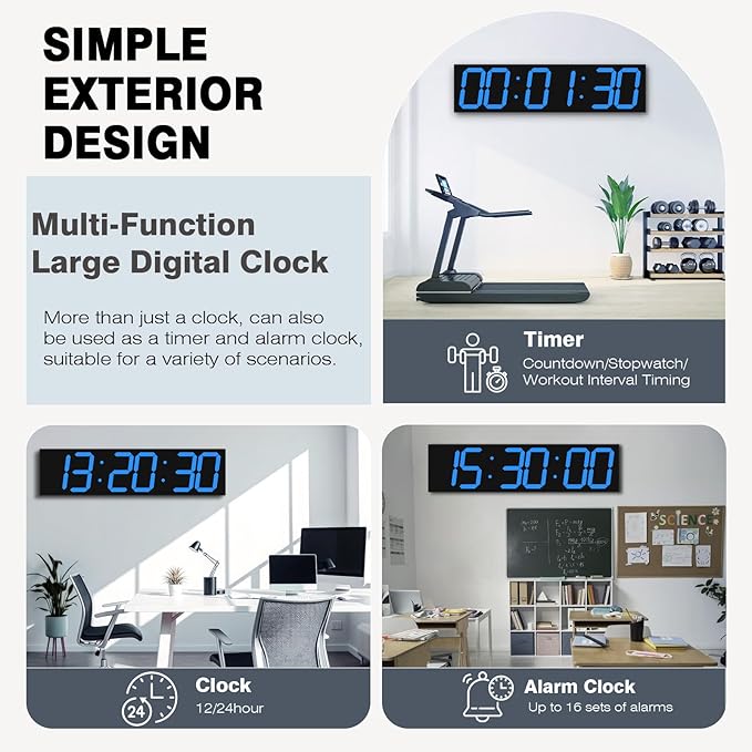Digital Wall Clock with Large Display, 28.4‘’LED 6-Digit Large Digital Clock with Adjustable Brightness, Multifunction Gym Clock with Countdown,Stopwatch and Workout Interval Timing (Blue)