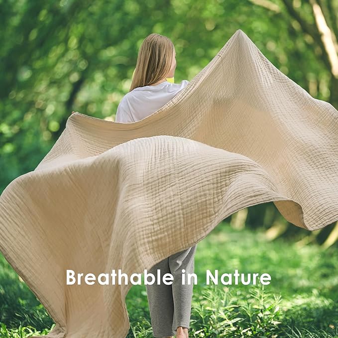 EMME Cotton Throw Blanket for Couch Soft Muslin Blankets 50"x60" Lightweight Breathable Blanket Light Tan All Season Gauze Blanket