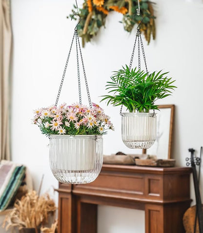 Josteve 5.2/8.2 Inch 2 Pcs Self Watering Hanging Planter Indoor Plant Pots Drainage Holes, Outdoor Small Hanging Planters Flower Pot Basket, Visible Water Level, Plant Hanger Home Decor, Gardening
