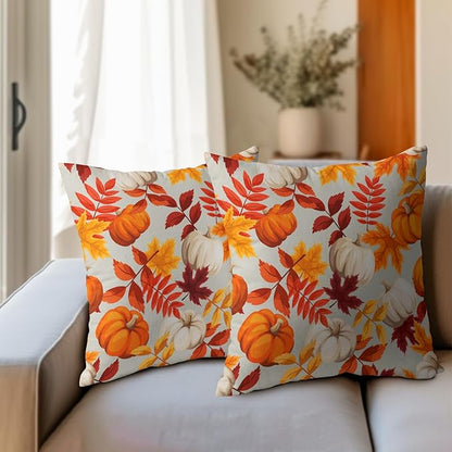 Pumpkin Fall Pillow Covers 22x22 Set of 2 Orange Beige Autumn Thanksgiving Pillow Cases Maple Leaf Print Outdoor Decorative Holiday Cushion Cover Rustic Decoration Farmhouse Home Sofa Couch Bed Decor