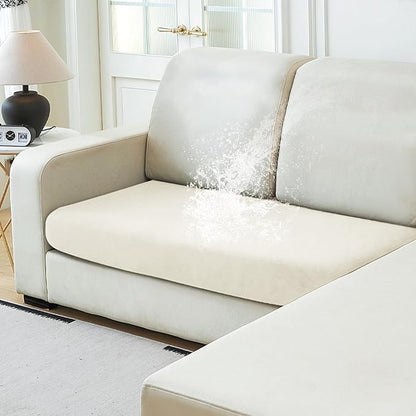 NAISI Waterproof Couch Cushion Covers Thick Velvet Fabric Washable Sofa Slipcovers 1 Piece Individual Sectional Couch Covers with Elastic Bottom(1 PC for 2-Seat Cushion or Loveseat,Ivory White)