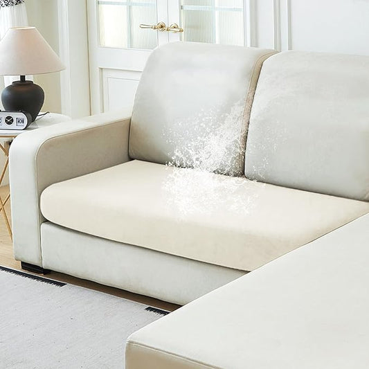 NAISI Waterproof Couch Cushion Covers Thick Velvet Fabric Washable Sofa Slipcovers 1 Piece Individual Sectional Couch Covers with Elastic Bottom(1 PC for 2-Seat Cushion or Loveseat,Ivory White)