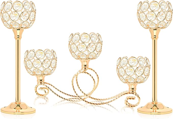 Gold 5 Arm Metal Crystal Tea Light Candle Holder, Elegant Wedding Table Centerpiece, Christmas Wishing Bowl Candle Holder