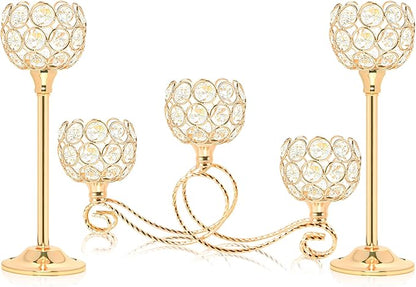 Gold 5 Arm Metal Crystal Tea Light Candle Holder, Elegant Wedding Table Centerpiece, Christmas Wishing Bowl Candle Holder