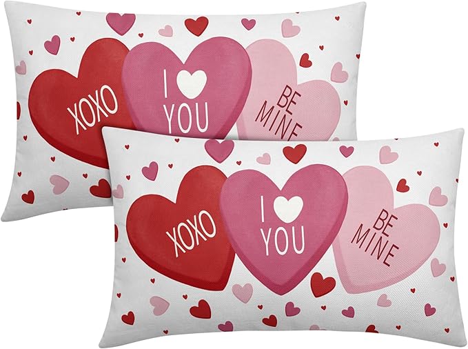 Valentines Day Pillow Covers 12x20 Set of 2 White Pink Heart Throw Pillow Covers Love Pillowcase Linen Decoration Farmhouse Holiday Cozy Soft Cushion Case Couch for Indoor Outdoor Home Decor
