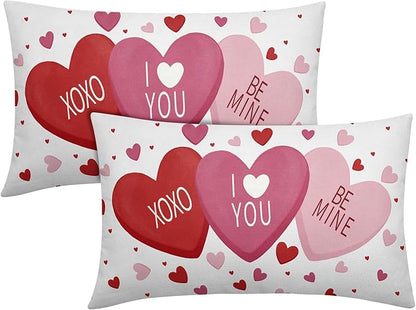 Valentines Day Pillow Covers 12x20 Set of 2 White Pink Heart Throw Pillow Covers Love Pillowcase Linen Decoration Farmhouse Holiday Cozy Soft Cushion Case Couch for Indoor Outdoor Home Decor